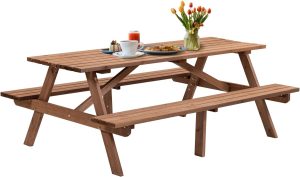 Wood Outdoor Picnic Table Picnic Tables with Benches and Umbrella Hole, Classic Picnic Table Bench Set for 6 or 8 Person for Backyard, Porch, Patio, and Deck