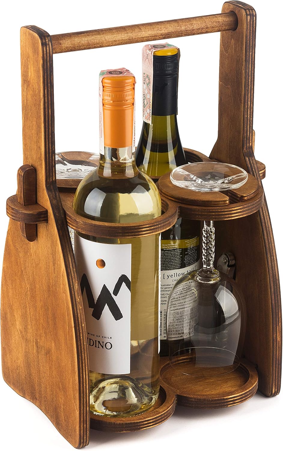 Wood Wine Bottle and Glasses Caddy - Beer Carrier - Drinking Desk Accessories - Men's Organizer - Glass Tray Holder - Storage Stand - Drink Holder for Beer