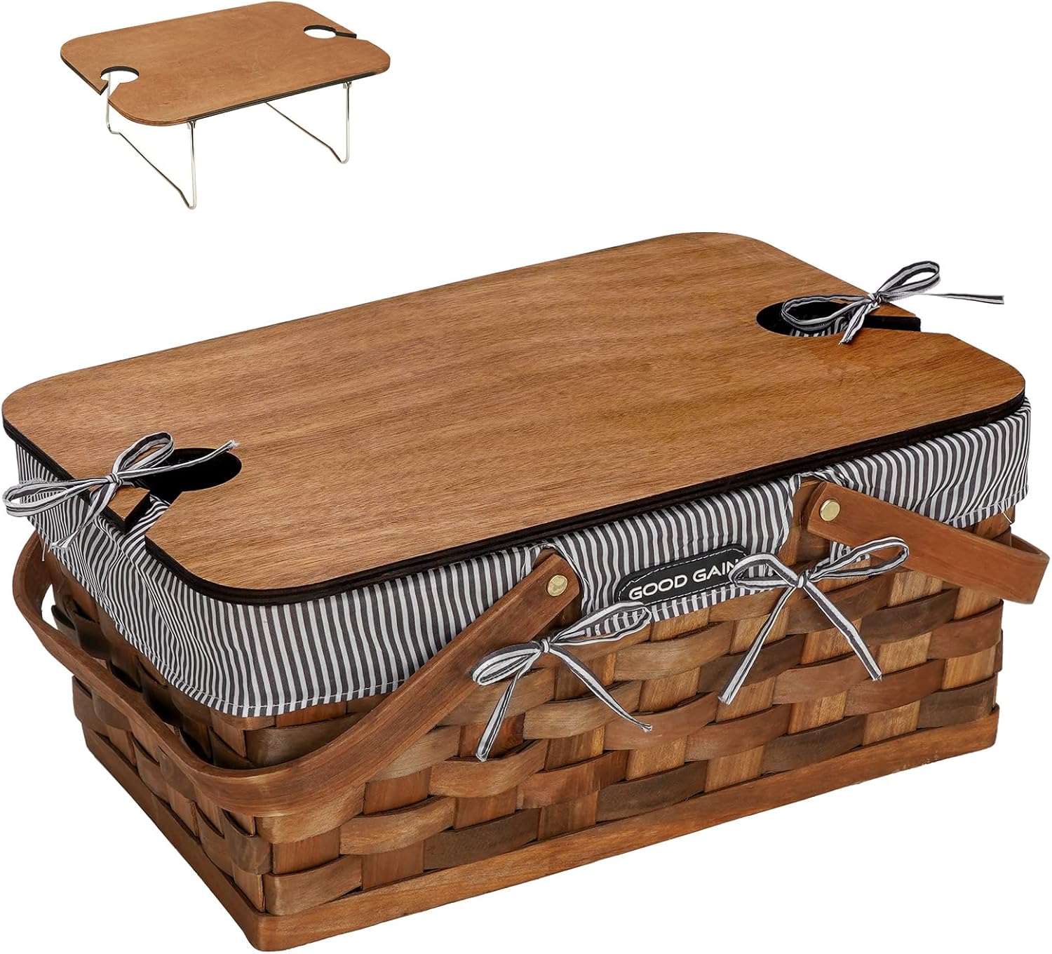 Woodchip Picnic Basket with Portable Wine Table, Woven Basket with 2 Swing Handles & Removable Lining, Empty Large Basket for Picnic, Outdoor, Camping, Family, Party, Wedding Gifts for Couple. Grey