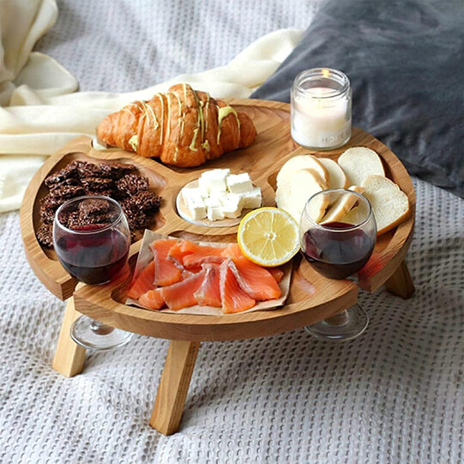 Wooden Folding Picnic Table with Wine Glass Holder - Portable Creative 2 in 1 Wine Glass Rack & Compartmental Dish for Cheese and Fruit for Outdoor, 11.81D x 11.81W x 6.29H in