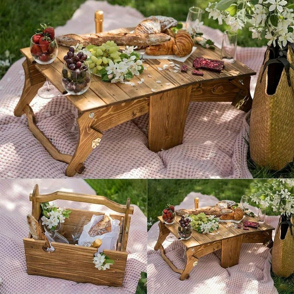 Wooden Outdoor Folding Picnic Basket Table, Portable 2-in-1 Picnic Table Storage Basket, Folding Picnic Table with Wine Glass Holder, Outdoor Wine and Champagne Picnic Table (Vintage)