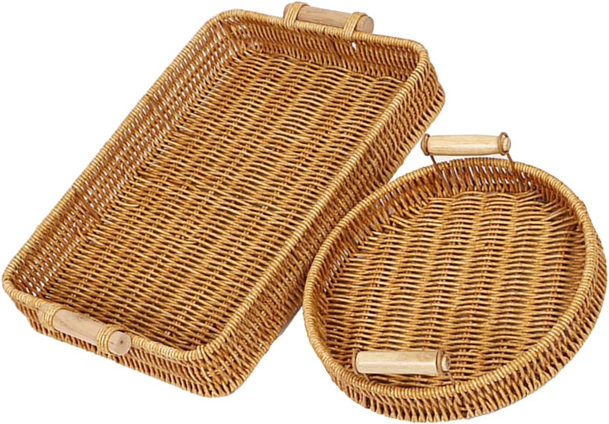 Woven Rattan Baskets Tray Set, Rectangular and Round Baskets with Wooden Handles, 2-Piece, Natural - Perfect for Serving Fruit-Produce, Vegetables-Produce, Food, storage, Picnic, and Home Decoration