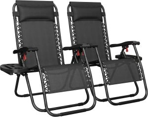 Yaheetech Zero Gravity Recliners Outdoor Adjustable Folding Reclining Lounge Chairs w/Pillows, Cup Holder Trays and Carry Strap for Patio Backyard Beach Black Set of 2