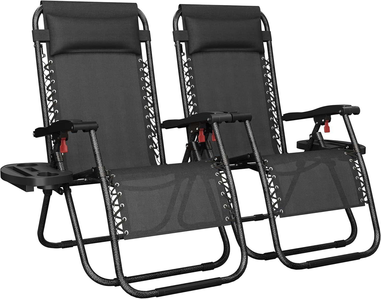 Yaheetech Zero Gravity Recliners Outdoor Adjustable Folding Reclining Lounge Chairs w/Pillows, Cup Holder Trays and Carry Strap for Patio Backyard Beach Black Set of 2