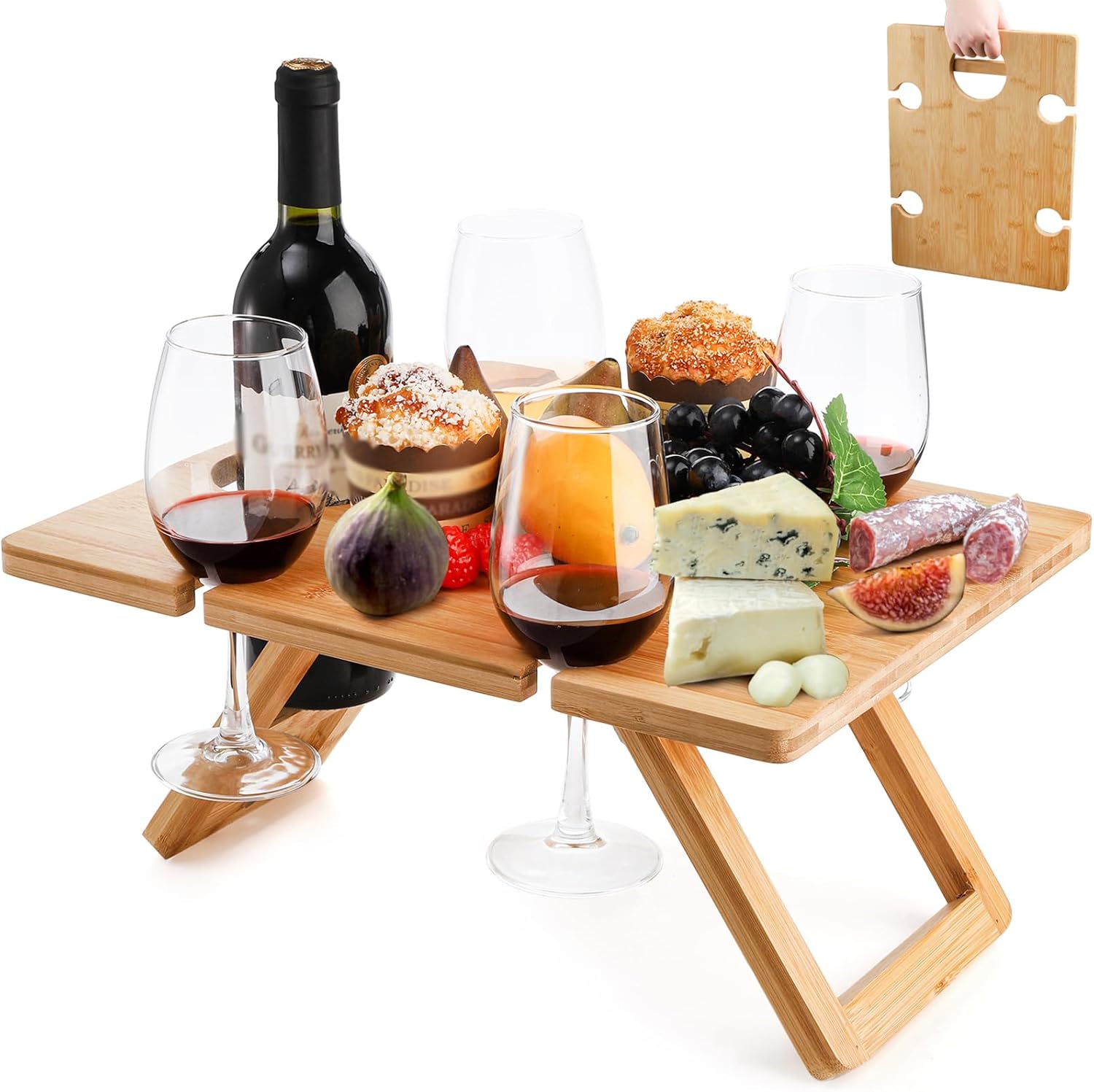 Youeon Portable Wine Picnic Table with 5 Wine Glasses Holder, Foldable Champagne Picnic Snack Table, Wine and Cheese Table for Picnic, Camping, Park, Beach, Wine Lover Gift
