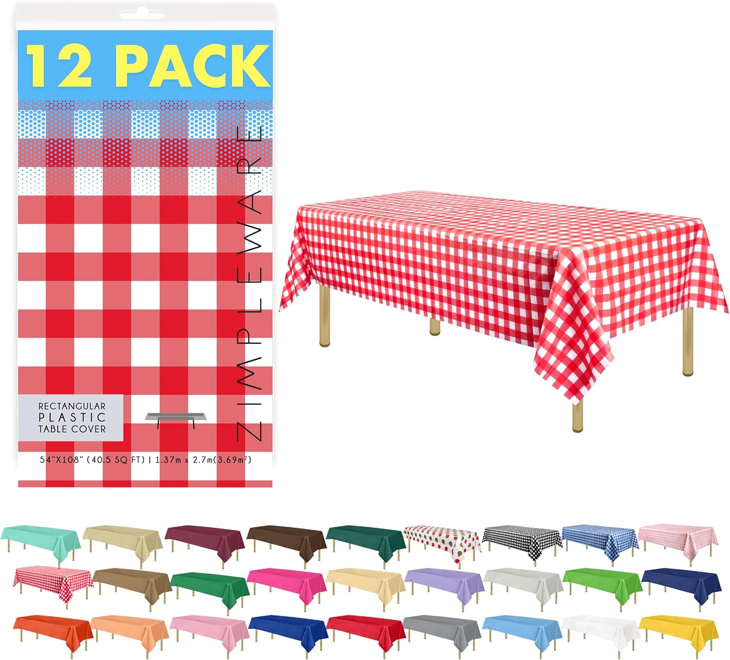 ZIMPLEWARE Premium Red Gingham Checkered Plastic Table Cloth Disposable (12 Pk) Plastic Tablecloths for Rectangle Tables (54in x 108in) Party Table Cloths Disposable for 6ft to 8ft Rectangle Tables