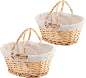 ZOENHOU 2 PCS Natural Wicker Gift Empty Basket, Hand-Woven Large Favors Storage Willow Picnic Basket with Handles for Fruit Vegetable Picking Egg Candy Gathering Valentines
