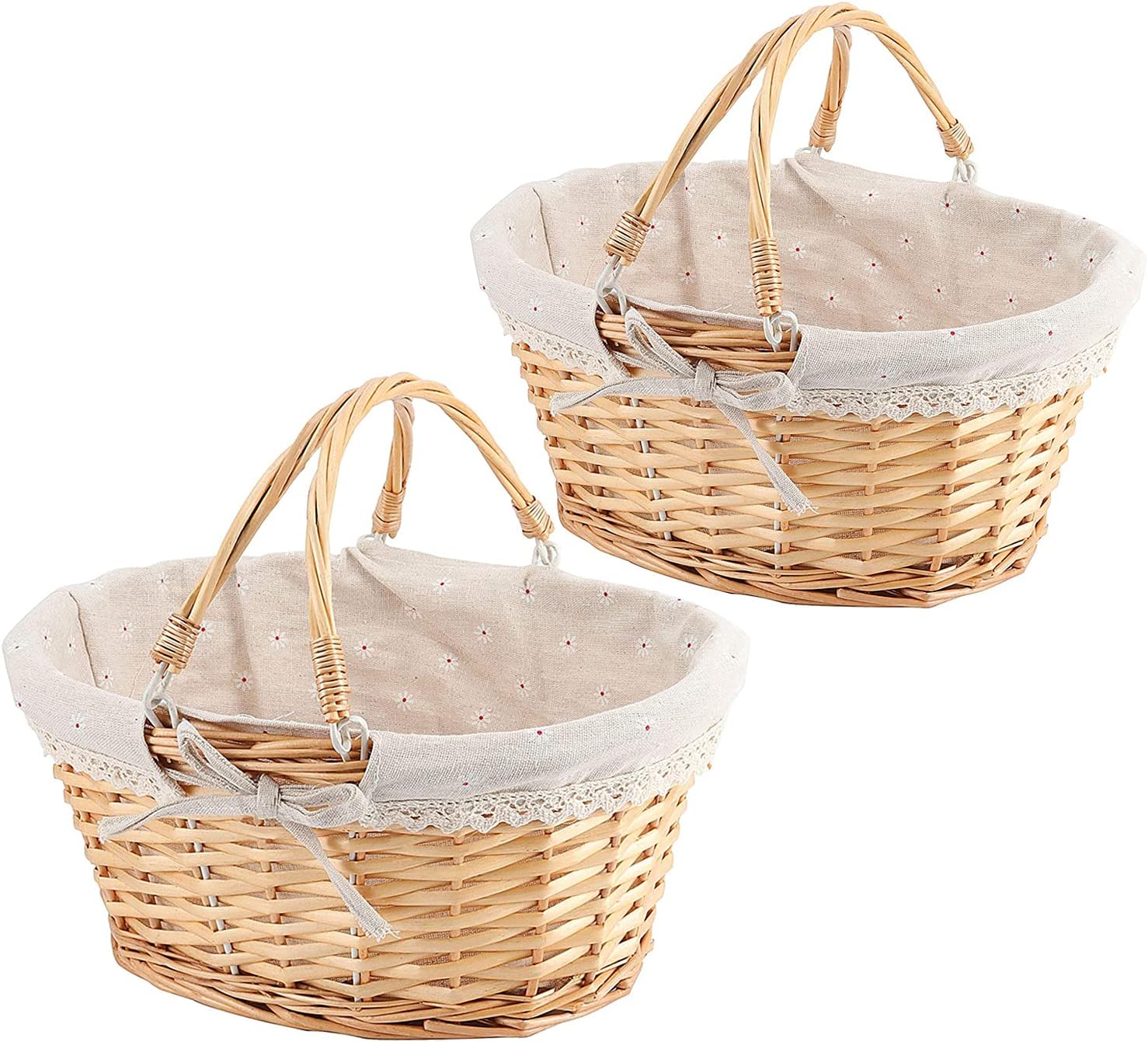 ZOENHOU 2 PCS Natural Wicker Gift Empty Basket, Hand-Woven Large Favors Storage Willow Picnic Basket with Handles for Fruit Vegetable Picking Egg Candy Gathering Valentines