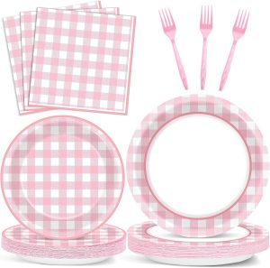ZOIIWA 96 Pcs Pink Gingham Party Decoration for 24 Guests Pink And White Checkered Plates Party Supplies Plaid Birthday Tableware Outdoor Supplies Girls Barbecue Picnic Plates Napkins Decor