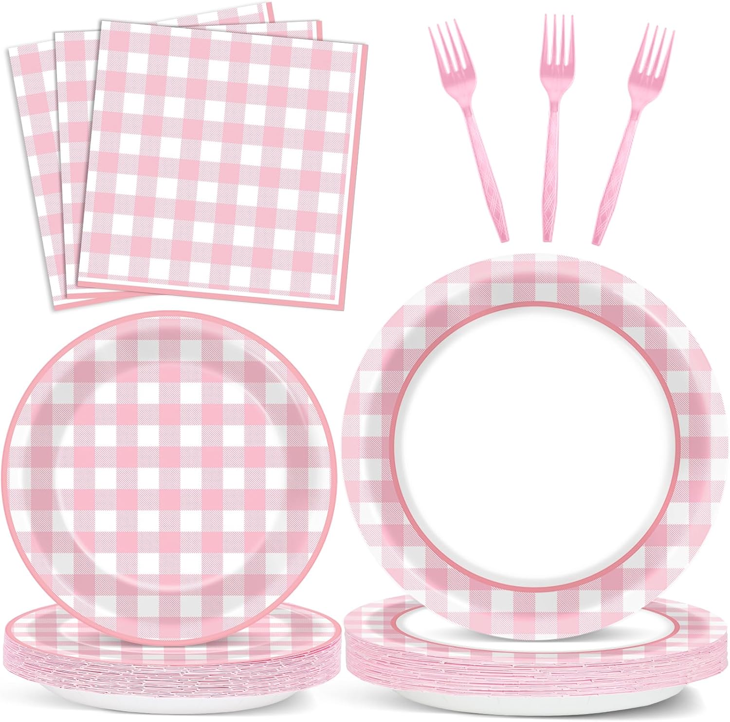 ZOIIWA 96 Pcs Pink Gingham Party Decoration for 24 Guests Pink And White Checkered Plates Party Supplies Plaid Birthday Tableware Outdoor Supplies Girls Barbecue Picnic Plates Napkins Decor