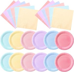 Zhehao 120 Pcs Pastel Disposable Paper Plates and Napkins Bulk Spring Summer Pastel Party Supplies for Princess Birthday Picnic Wedding Baby Shower(Light Pink, Green, Purple, Yellow, Blue, Pink)