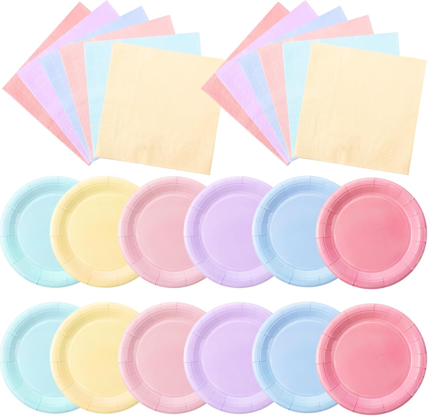 Zhehao 120 Pcs Pastel Disposable Paper Plates and Napkins Bulk Spring Summer Pastel Party Supplies for Princess Birthday Picnic Wedding Baby Shower(Light Pink, Green, Purple, Yellow, Blue, Pink)