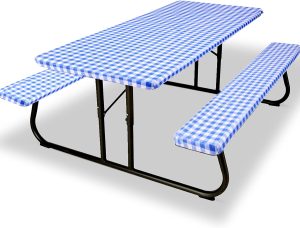 Zhenrui Fitted Picnic Table Cover with Bench Covers, 3 Pieces Waterproof Camping Picnic Tablecloth Cover with Elastic Edge for Indoor/Outdoor/Patio, 6ft Rectangular Vinyl Picnic Table Cover, Blue