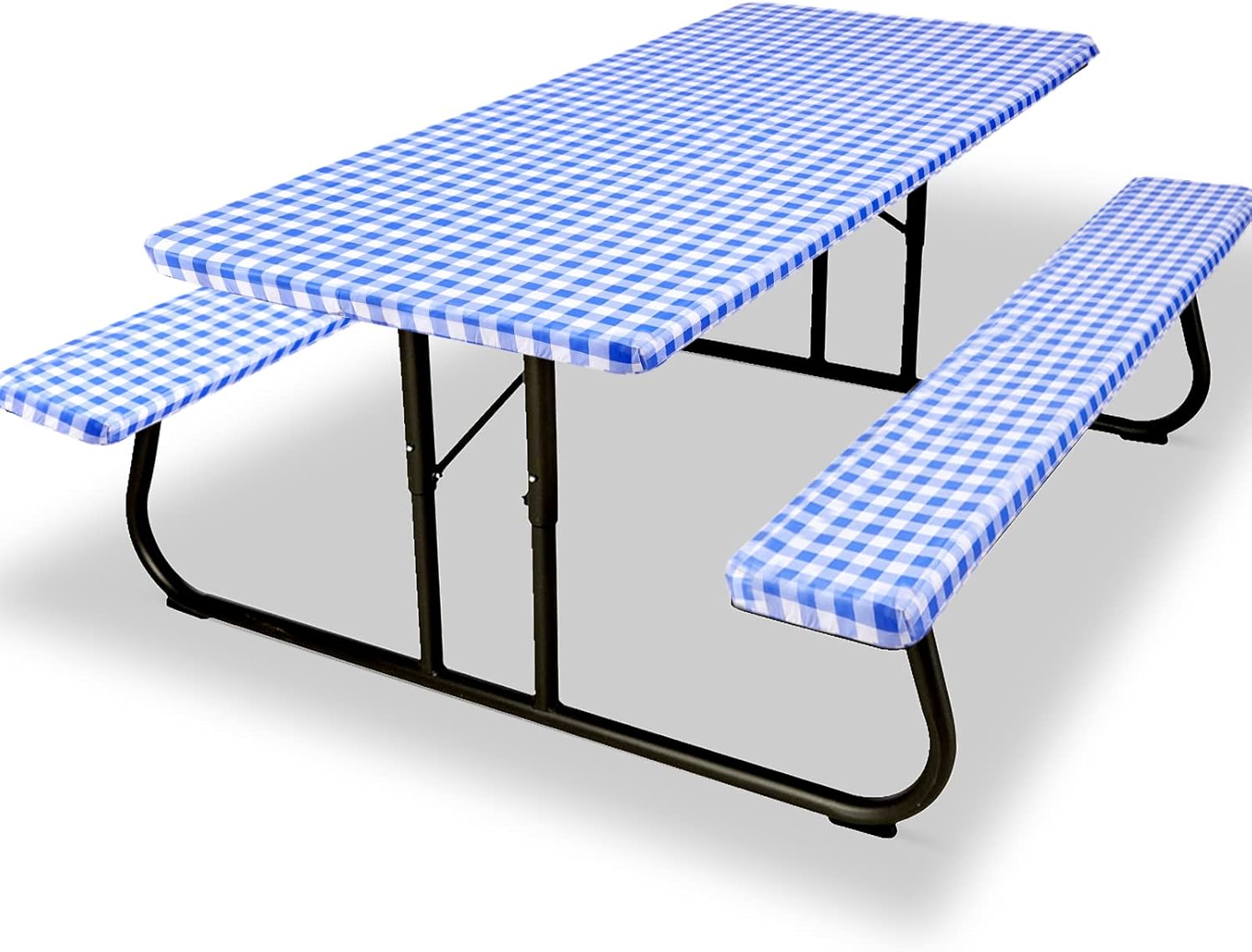 Zhenrui Fitted Picnic Table Cover with Bench Covers, 3 Pieces Waterproof Camping Picnic Tablecloth Cover with Elastic Edge for Indoor/Outdoor/Patio, 6ft Rectangular Vinyl Picnic Table Cover, Blue