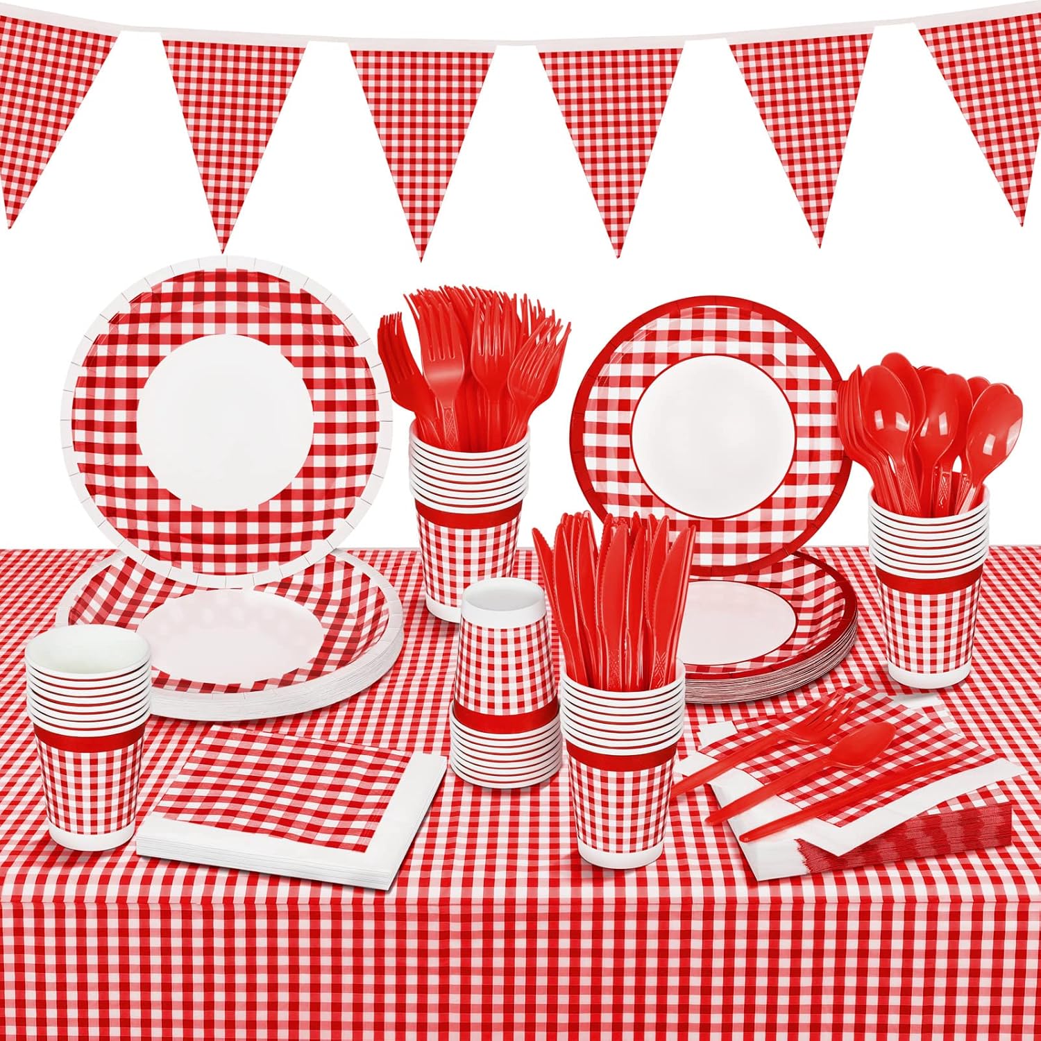 durony 146 Piece Red and White Plaid Gingham Party Supplies Tableware Set Disposable Paper Plates Napkins Cups Cutlery Spoons Tablecloth Banner for Picnic Decorations Birthday Party Family Dinner