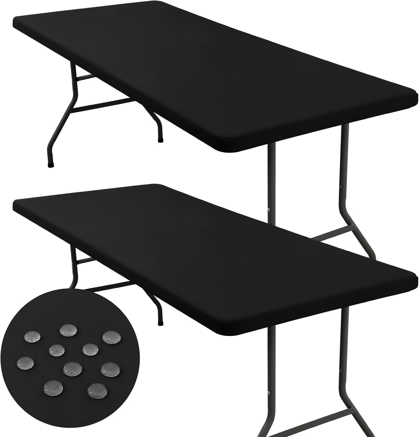 homing 2 Pack Rectangle Fully Waterproof Tablecloth, Elastic Fitted Fabric Table Cover for 6 Foot Tables, Washable Polyester Table Cloth for Picnic, Camping, Outdoor (Black, 30" x 72")