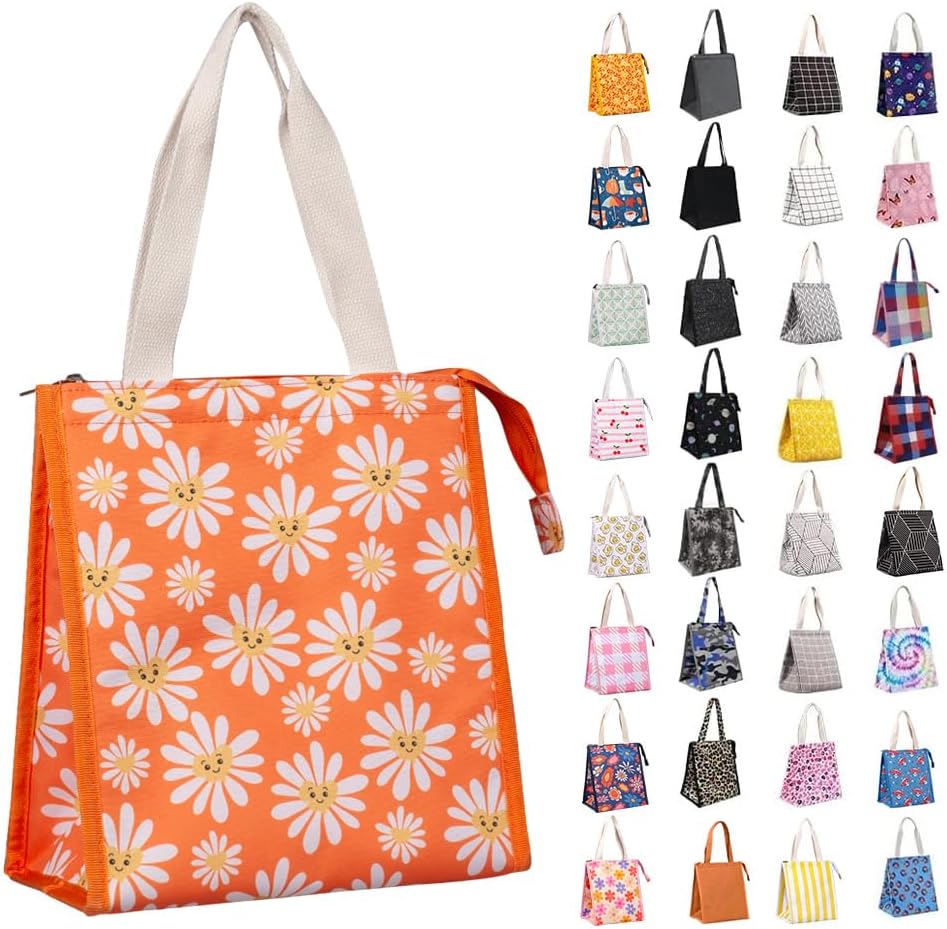 iknoe Insulated Lunch Bag for Women, 9L Durable Wide-Open Foldable & Portable Lunch Tote with Interior Pockets, Water-Resistant Thermal Lunch Cooler for Adults Picnic Beach (Daisy)