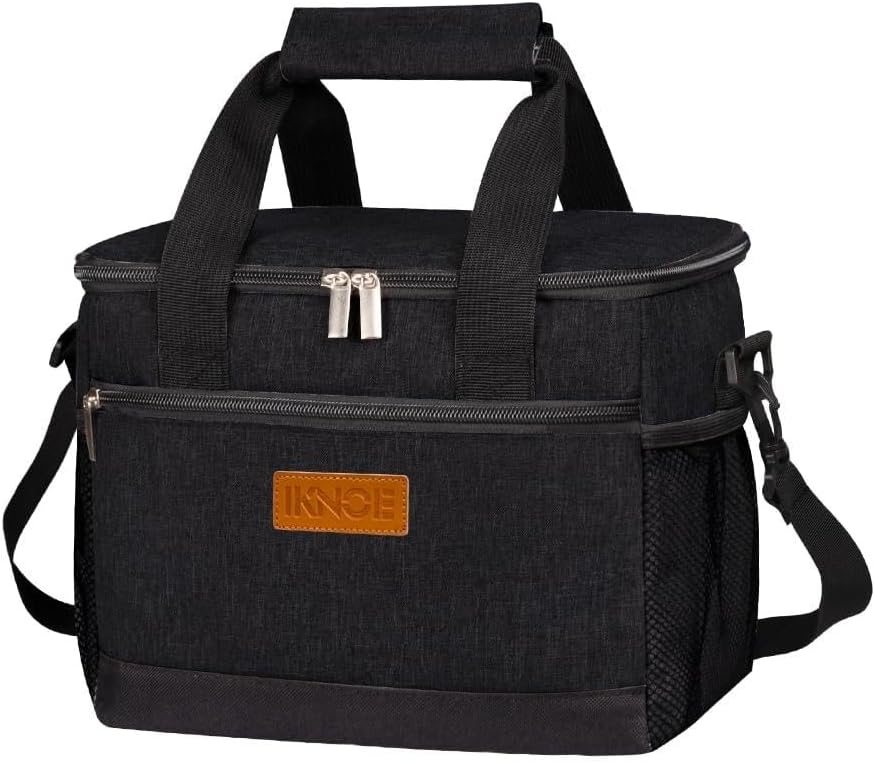 iknoe Large Foldable Cooler Bag, 8.5L Insulated Lunch Bag, Leakproof Lunch Cooler Tote with Multi-Bag Design Suitable for Beach, Picnic and Office Use, Black 15-Can