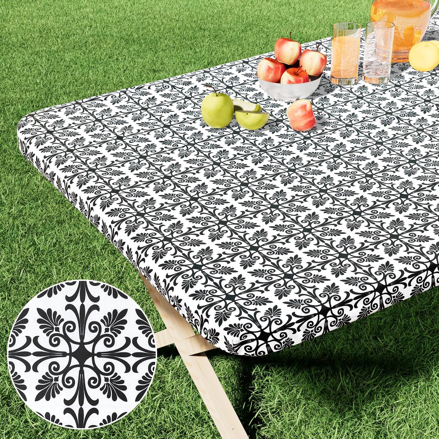misaya Rectangle Vinyl Table Cloth, Elastic Fitted Flannel Backed Tablecloth, 100% Waterproof Plastic Table Cover Fits 6 Foot Folding Tables for Picnic, Camping, Outdoor (Black, 30" x 72")
