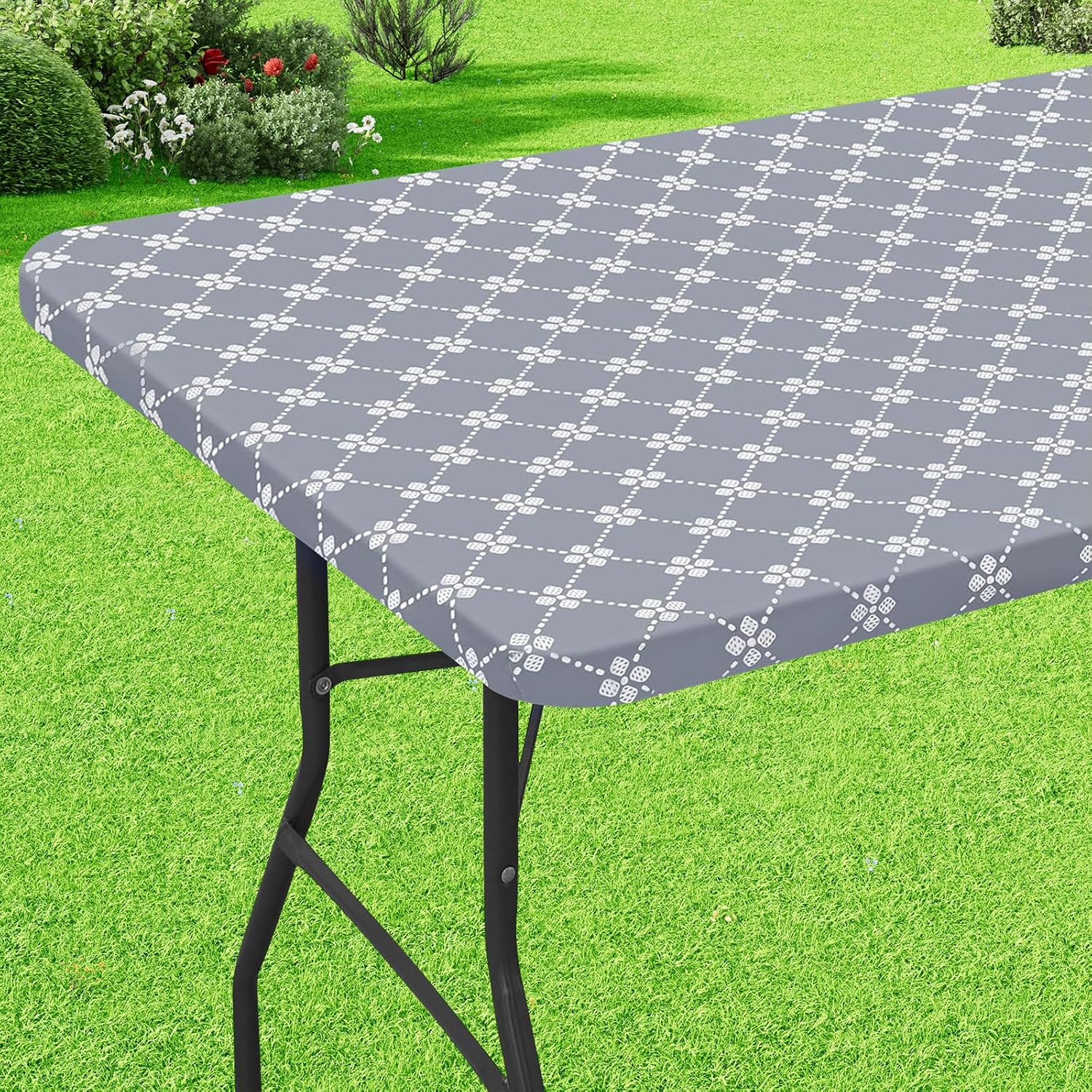 misaya Rectangle Vinyl Table Cloth, Elastic Fitted Tablecloth with Flannel Backing, Waterproof Plastic Table Cover Fits 6 Foot Folding Tables for Camping, Indoor and Outdoor (Grey, 30" x 72")