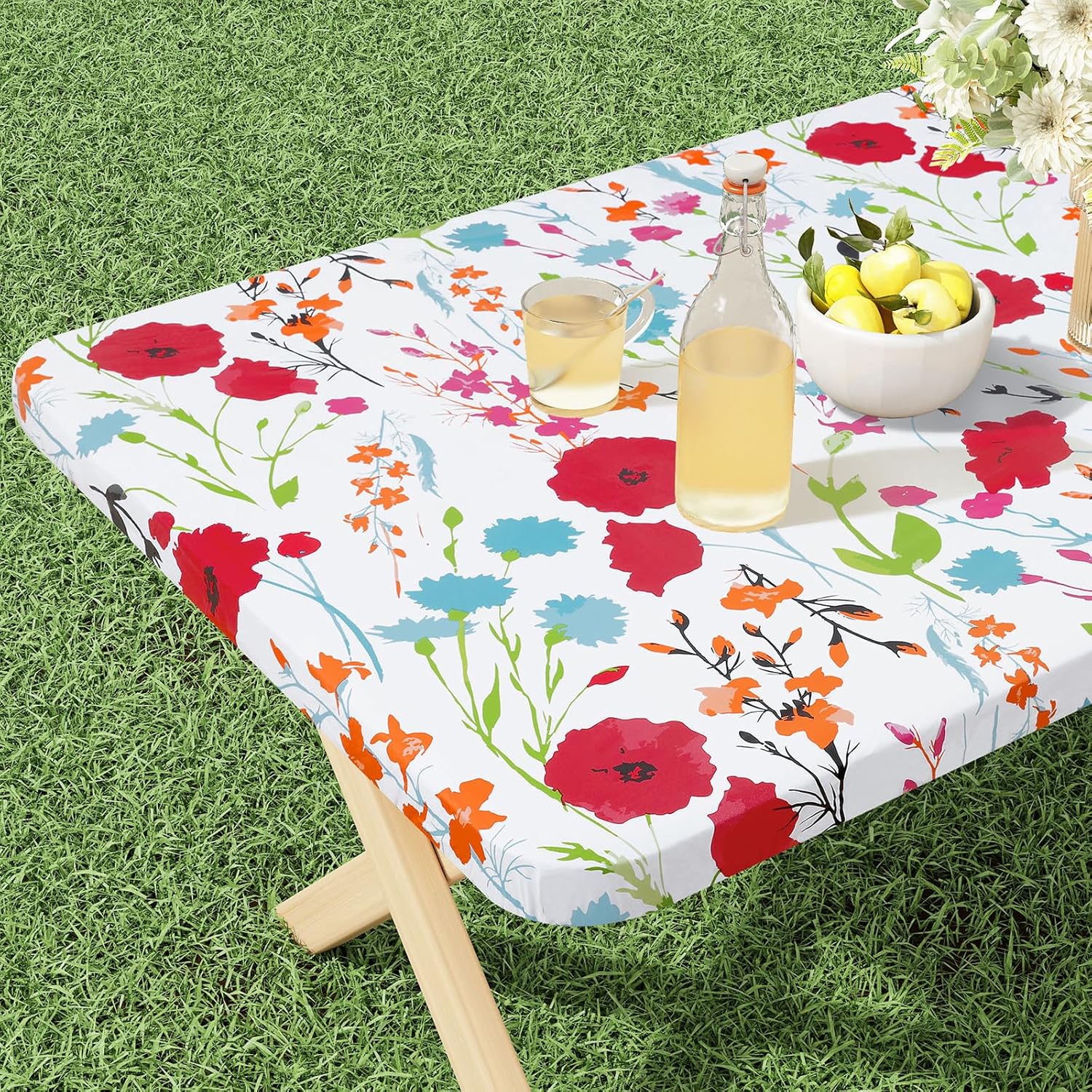 misaya Rectangle Vinyl Tablecloth, Fitted Table Cover, 100% Waterproof, Elastic Edge, Flannel Backing, Plastic Table Cloth Fit 6 Foot Folding Tables for Picnic, Camping, Outdoor (Flowers, 30x72 inch)