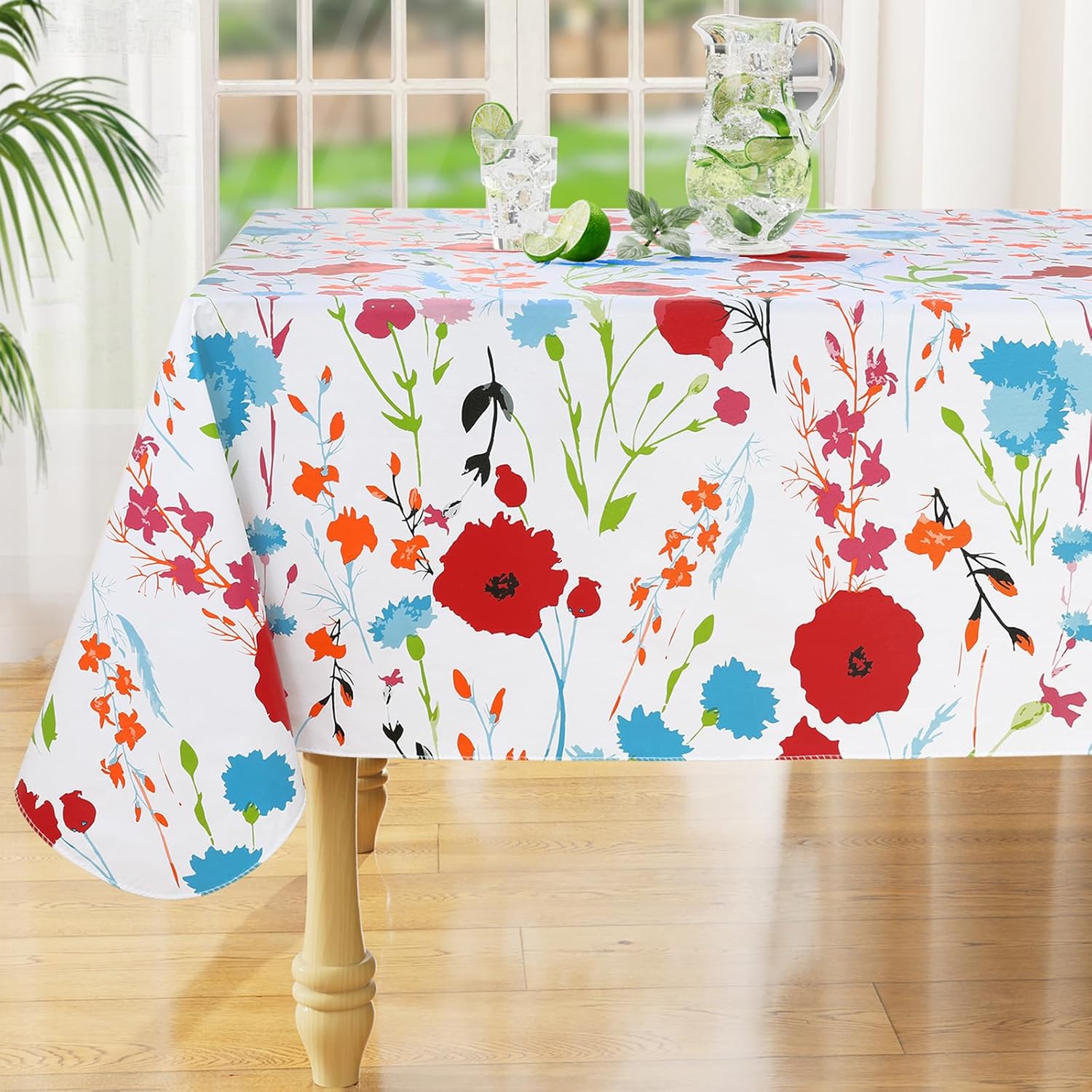 misaya Rectangle Waterproof Vinyl Table Cloth, Wipeable Tablecloth with Flannel Backing, Spring Plastic Table Cover for Dinner, Picnic, Indoor and Outdoor (Flowers, 60" x 84")