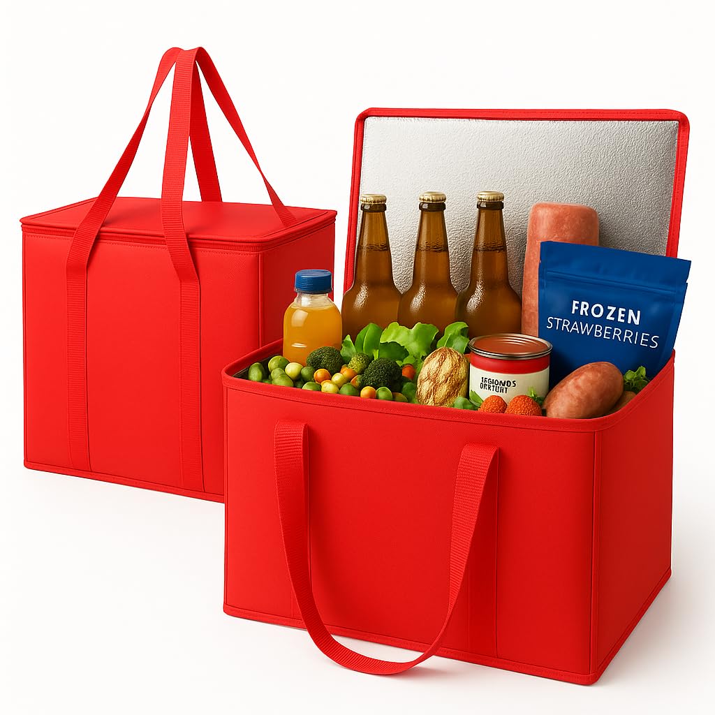 musbus 2-Pack XL-Large Insulated Grocery Shopping Bags, Red, Reusable, Heavy Duty, Zipped Zipper,Collapsible,Tote,Cooler,Groceries,for car,Recycled Material Warm Foldable Bag…