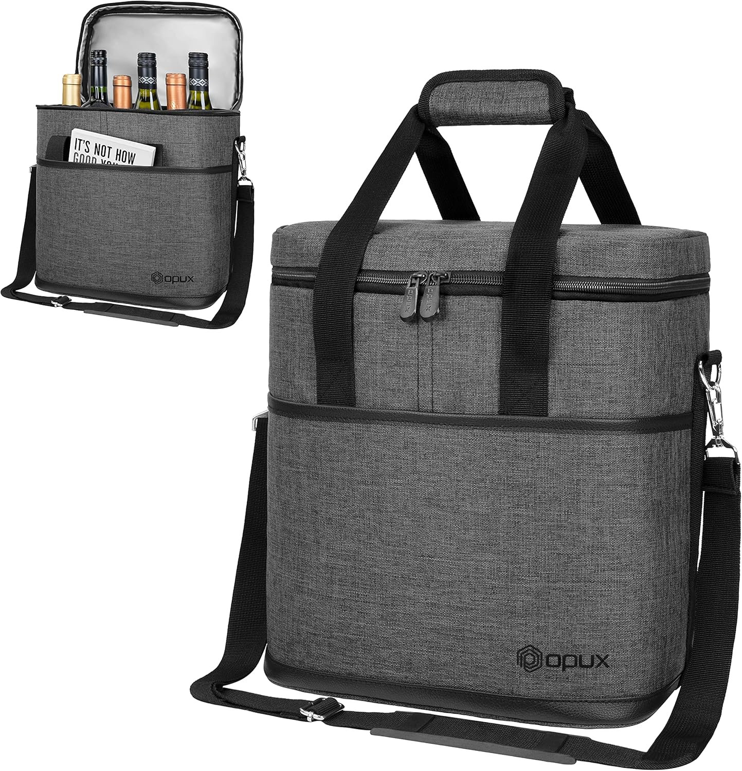 opux 6 Bottle Carrier Tote | Insulated Padded Wine Cooler Bag for Travel. Picnic, BYOB | Portable Leakproof Wine Tote Bag for Dinner, Party, Christmas, Wine Gift for Women, Men (Charcoal Gray)