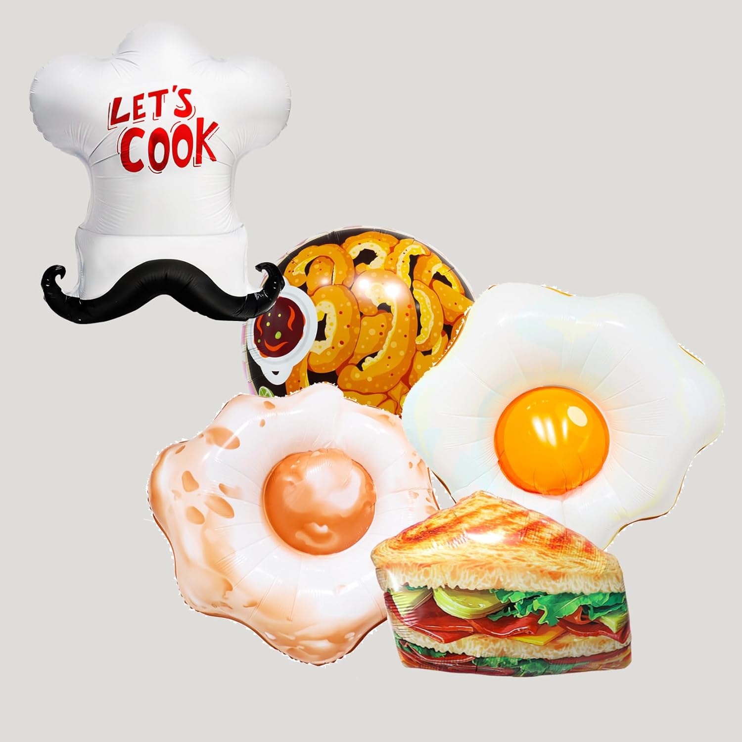 【SYNUO】Food Theme Balloon Set - Includes Toque, 2 Fried Egg, Sandwich Balloons. totally 5pcs 34-inch 3D Foil Balloons, Ideal for Birthday, Wedding, Picnic, New Year Party