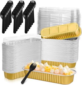 100 Set Mini Loaf Pans with Lids and Spoons, 6.8 oz Portable Small Foil Cake Pans Disposable Baking Tins Individual Cheesecake Containers Rectangle Brownie Baking Cups for Party, Picnic, Wedding, Gift