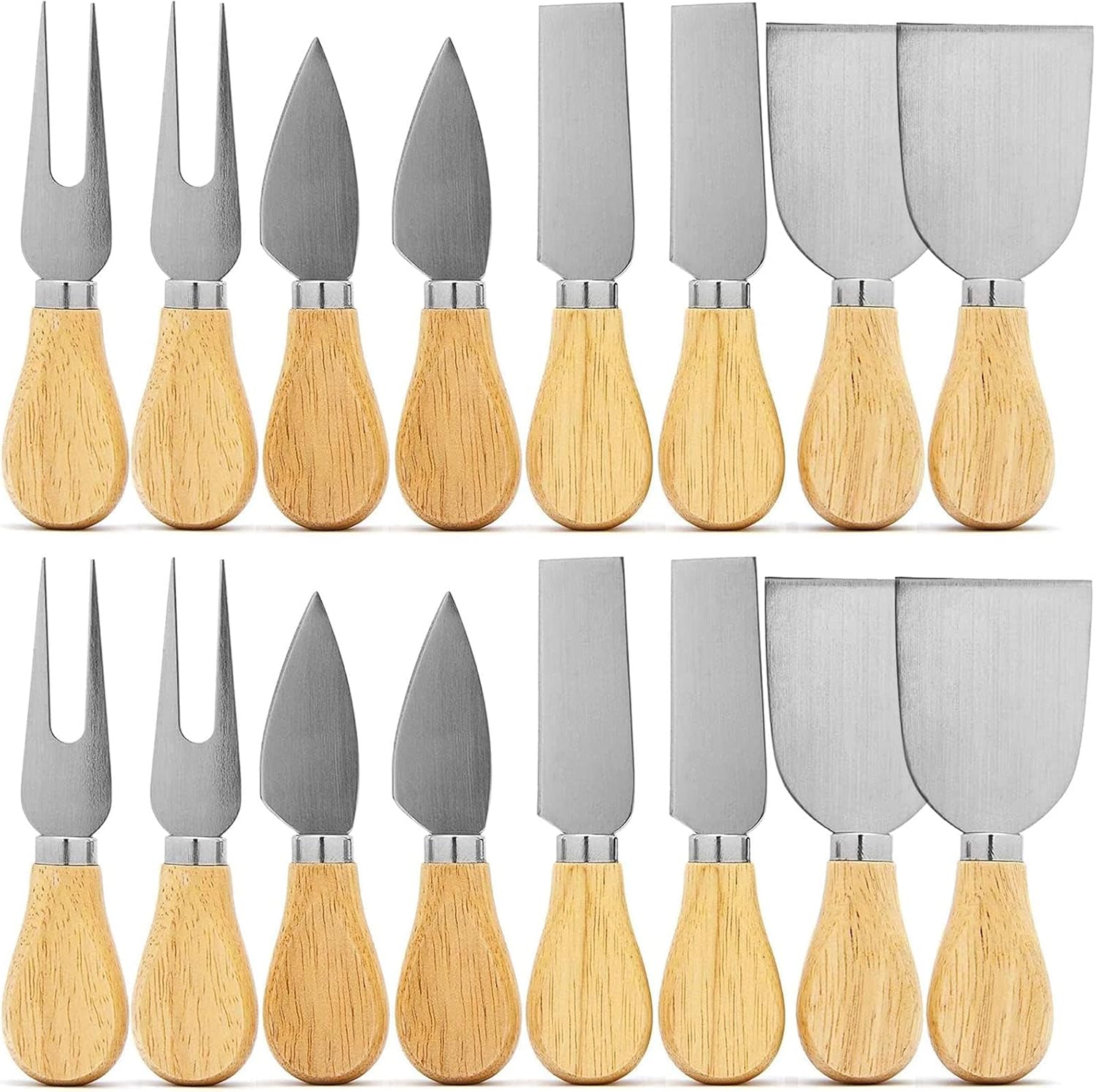 16 Pcs Mini Cheese Knife Set with Oak Handle - Stainless Steel Charcuterie Knife Set Including Cheese Fork, Slicer - Perfect for Charcuterie Boards