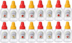 16PCS Mini Condiment Squeeze Bottles Set, 25ml Ketchup Honey Mustard Sauce Bottles, Containers Refillable for Sauce, Plastic Portable Dressing Bottles, Squirt Condiments Dispensers for Lunch Box