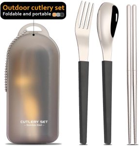 2Pack Folding Stainless Steel Cutlery Set with Case, Travel Foldable Collapsible Portable Tableware Utensil Spoon Fork Chopsticks for Picnic