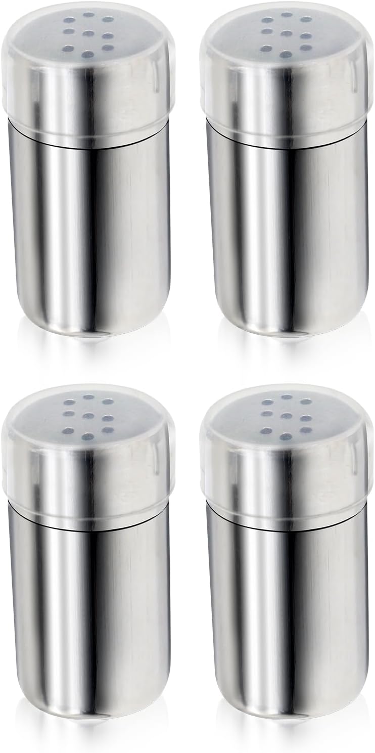 4-Pack Mini Stainless Steel Salt and Pepper Shakers for Travel, Camping, Lunch Box – Moisture Proof, Leak-Proof, Portable Spice Containers with Secure Lids (1.9”H x 0.98”W)