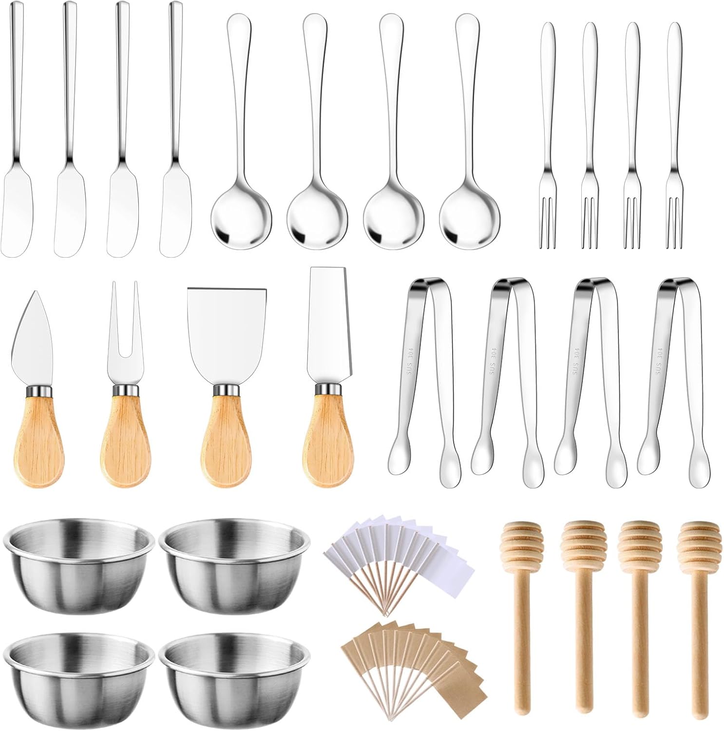 48 Pcs Charcuterie Boards Accessories Butter Spreader Knives Set Stainless Steel Cheese Mini Serving Tongs Spoons Forks Dipping Bowl Toothpick Flags Utensil for Pastry Making Wedding Christmas(Sliver)