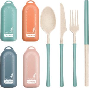 4Pack Folding Cutlery Set with Case, Travel Foldable Collapsible Portable Wheat Spoon Fork Straw Utensil Tableware for Picnic Camping