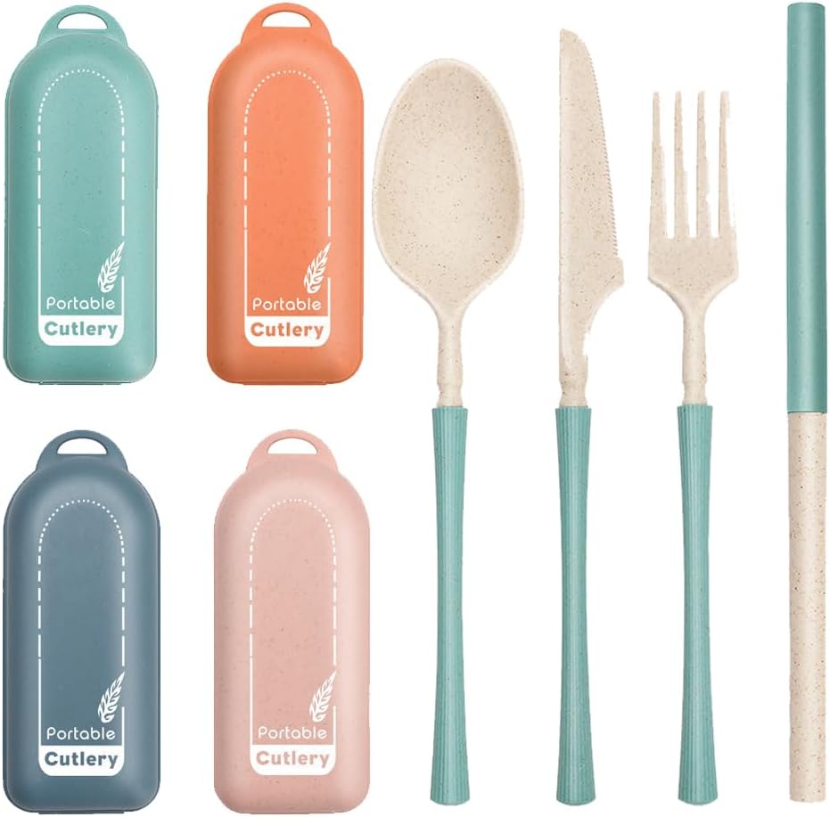 4Pack Folding Cutlery Set with Case, Travel Foldable Collapsible Portable Wheat Spoon Fork Straw Utensil Tableware for Picnic Camping