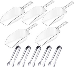 5Pcs Small Ice Tongs and 5Pcs Plastic Ice Scoops, Mini Sugar Tongs Sweet Scoops Set for Sugar Cubes Ice Cubes Dessert Buffet Picnic