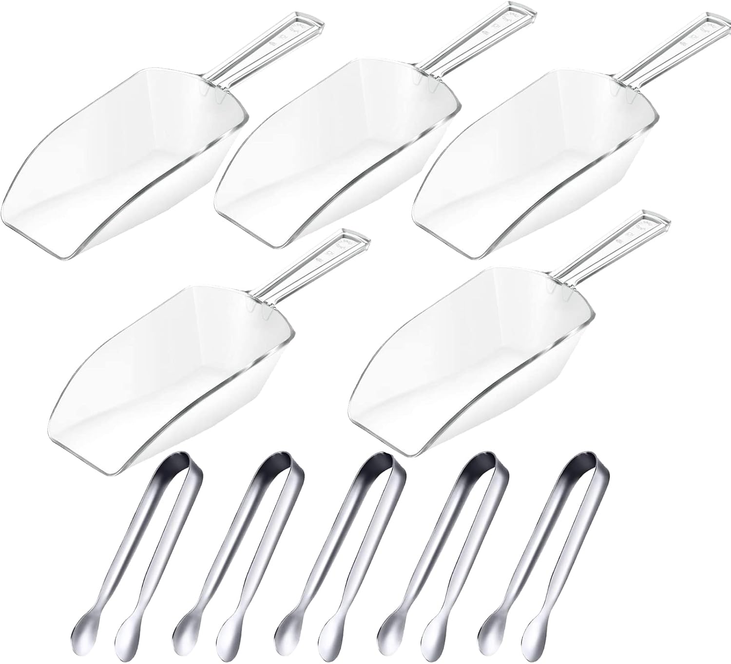 5Pcs Small Ice Tongs and 5Pcs Plastic Ice Scoops, Mini Sugar Tongs Sweet Scoops Set for Sugar Cubes Ice Cubes Dessert Buffet Picnic