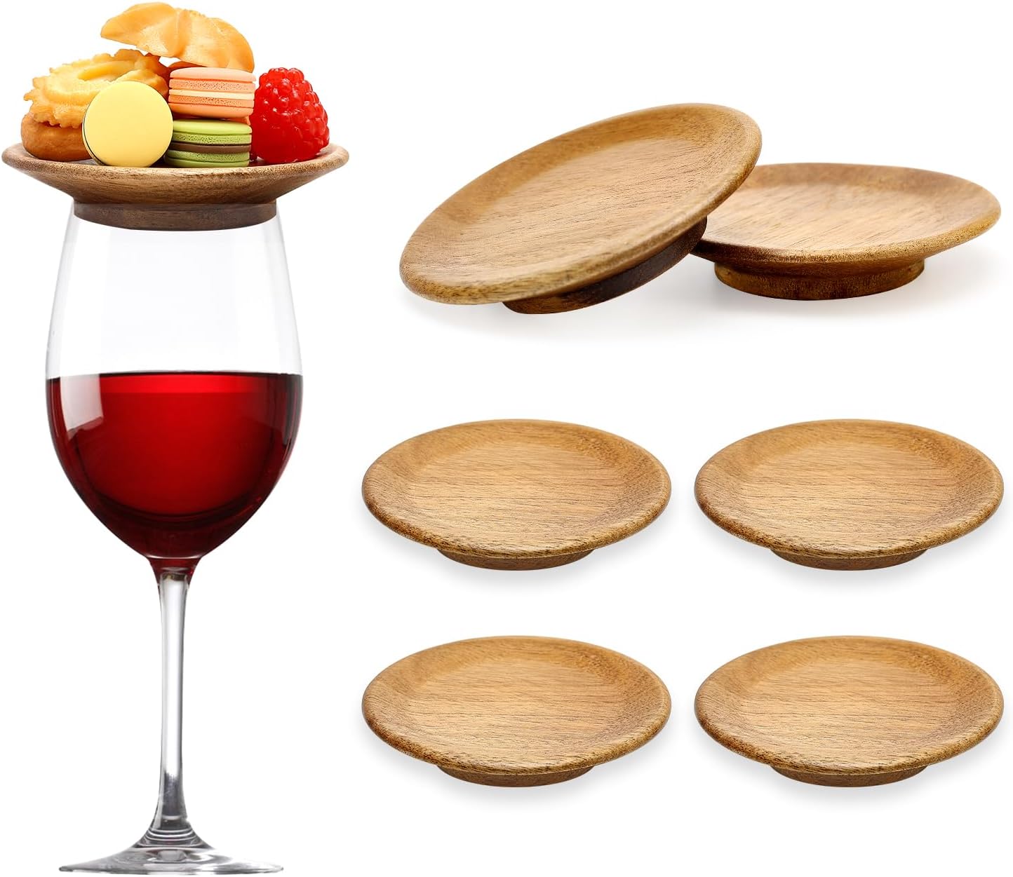6 Pack Acacia Wood Wine Glass Charcuterie Toppers Supplies Wooden Cup Lids Mini Wooden Toppers Charcuterie Board for Wine Topper Appetizer Plates Glass Small Bamboo Snack Tray Accessories Drink Covers