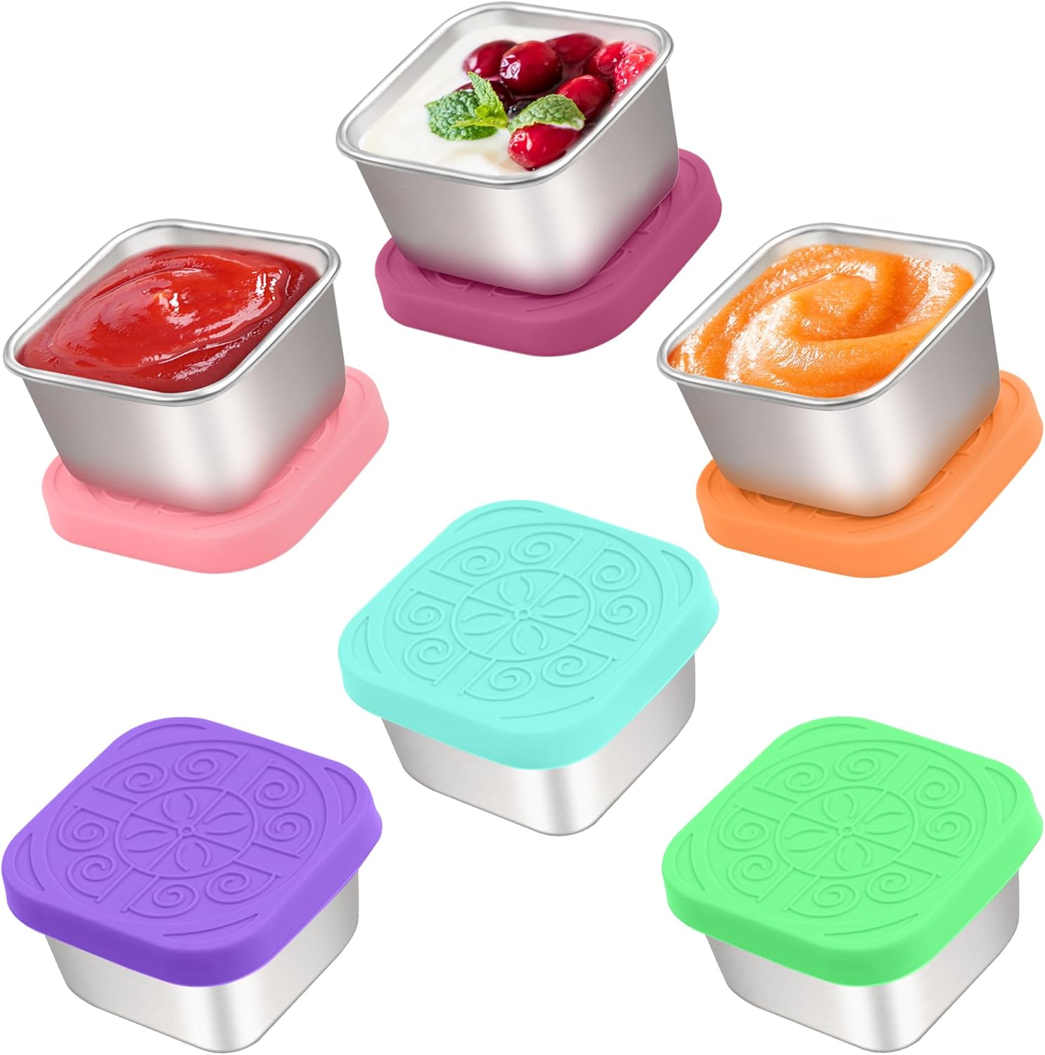 6x2.7 Oz Salad Dressing Container to Go,Handy Leakproof Stainless Steel Meal Prep Containers Reusable,Sauce Containers for Lunch Box, Picnics, Travel, Office and Kitchen Storage-Square