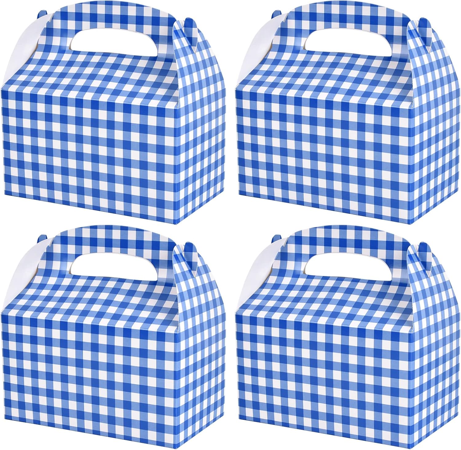 Blue and White Gingham Treat Boxes 24 Pieces Candy Gable Boxes Goodies Boxes Cardboard Present Boxes with Handles for Birthday Party Family Dinner Picnic Barbecue Father's Day Party