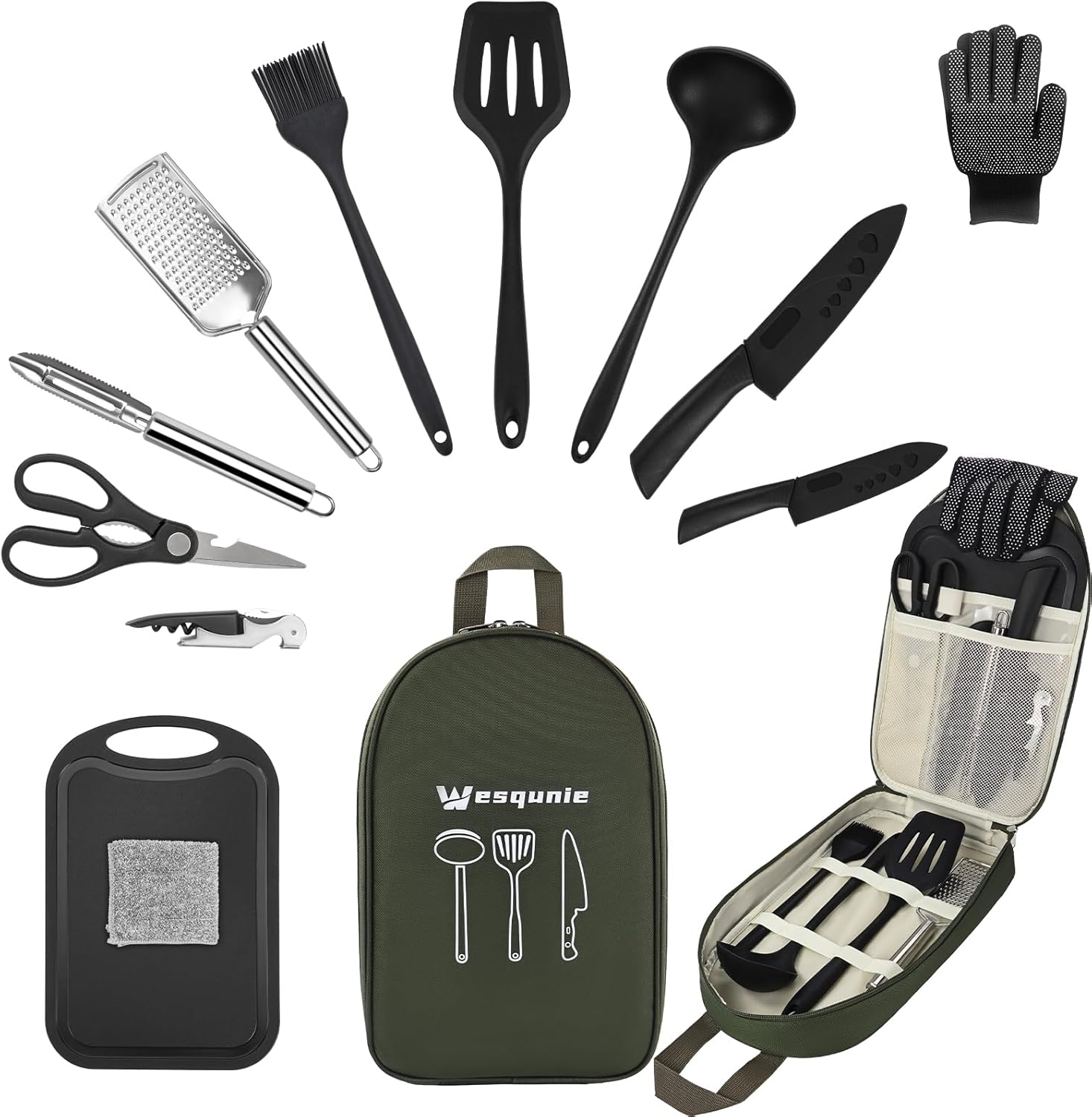 Camping Essentials Cookware Cooking Utensils Set - Portable Camp Kitchen Mess Kit Outdoor Accessories, Stainless Steel & Silicone, Camping Gear Equipment for RV Picnic Grill