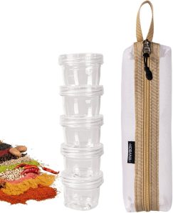 Camping Portable Spice Jars Set, Outdoor Mini Spice Bottle Jar Set, 5 pcs Spice Condiment Bottles Spice Boxes for Outdoor BBQ Picnic hiking self-driving trip Camping-White Storage Bag