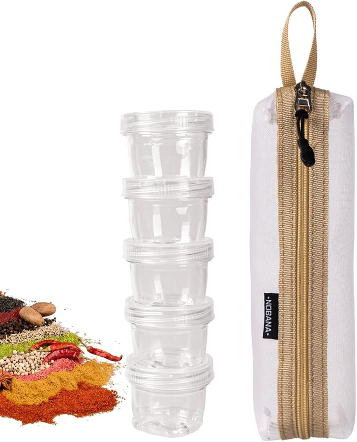 Camping Portable Spice Jars Set, Outdoor Mini Spice Bottle Jar Set, 5 pcs Spice Condiment Bottles Spice Boxes for Outdoor BBQ Picnic hiking self-driving trip Camping-White Storage Bag