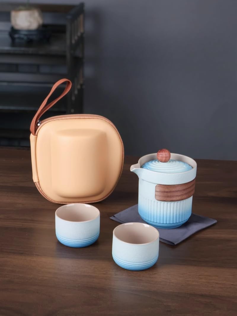 Chinese Kung Fu Teapot, Mini Travel Ceramic Teapot Set. 1 pot 2 cups. Comes with travel packaging, suitable for outdoor picnics and hotels (Blue and White)