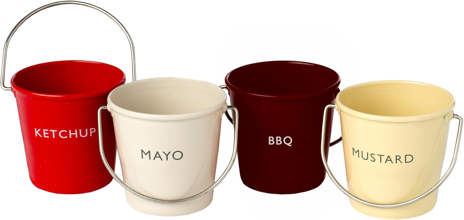 Condiment Bucket (Set of 4) - Labeled Ketchup, Mustard, Mayo, BBQ - Durable Coated Steel Mini Buckets - Assorted Colors - Ideal Tableware for Picnics, BBQs, Daily Dining