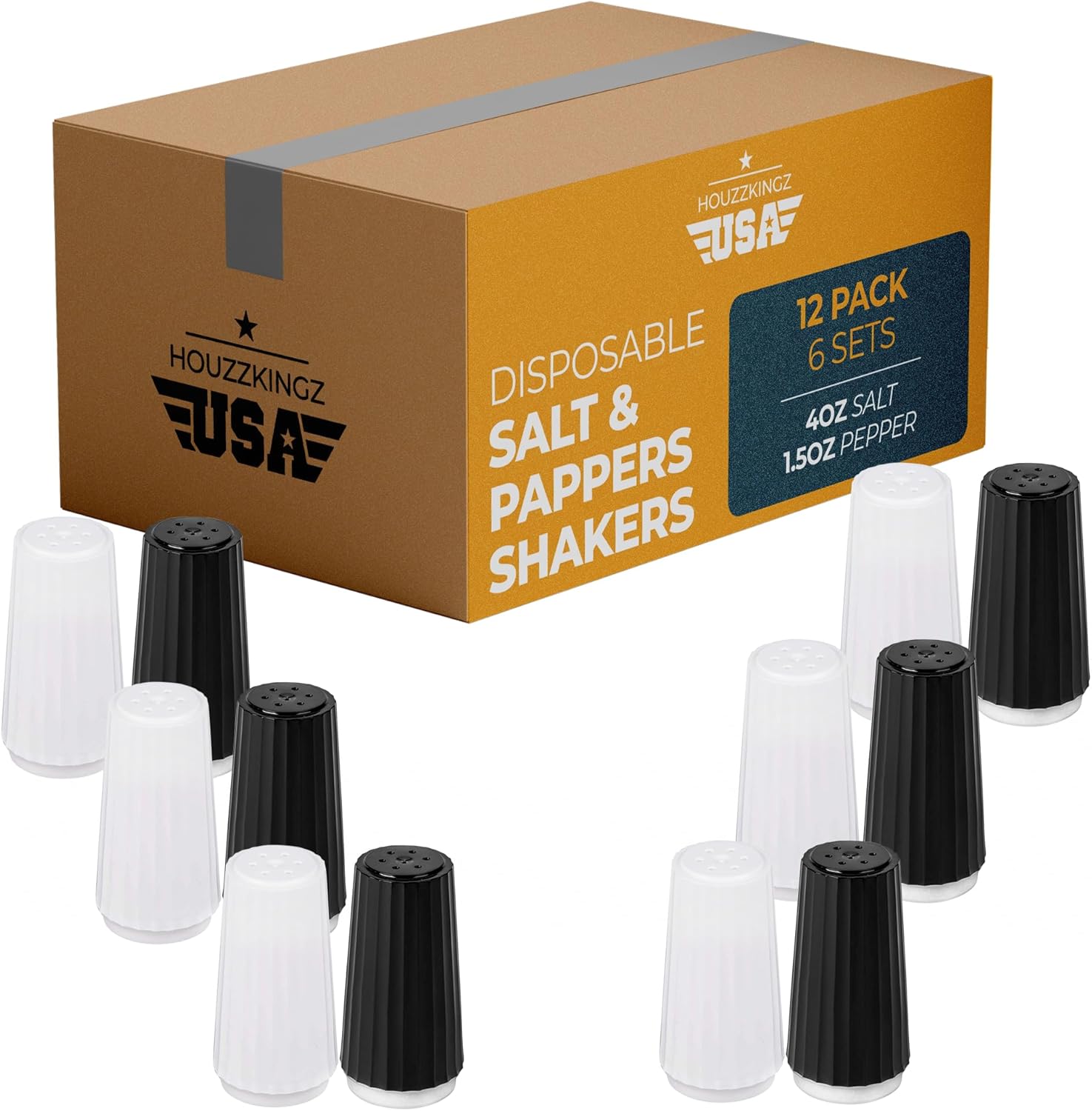 Disposable Plastic Salt and Pepper Shakers Set Bulk [12 Pack] – 6 Prefilled 4 Oz. Iodized Table Salt + 6 Prefilled 1.5 Oz. Pepper Sets for Travel Camping Outdoor - Small Mini Holes for Even Dispensing