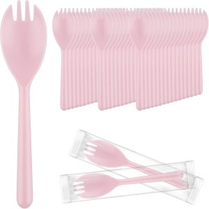 EUSOAR Disposable Sporks Bulk, 50pcs 5.5"x1.2" Plastic Sporks, Heavy Duty Disposable Mini Utensils Silverware Set Individually Wrapped Fork Spoon for Party Wedding Birthday Gathering-Pink