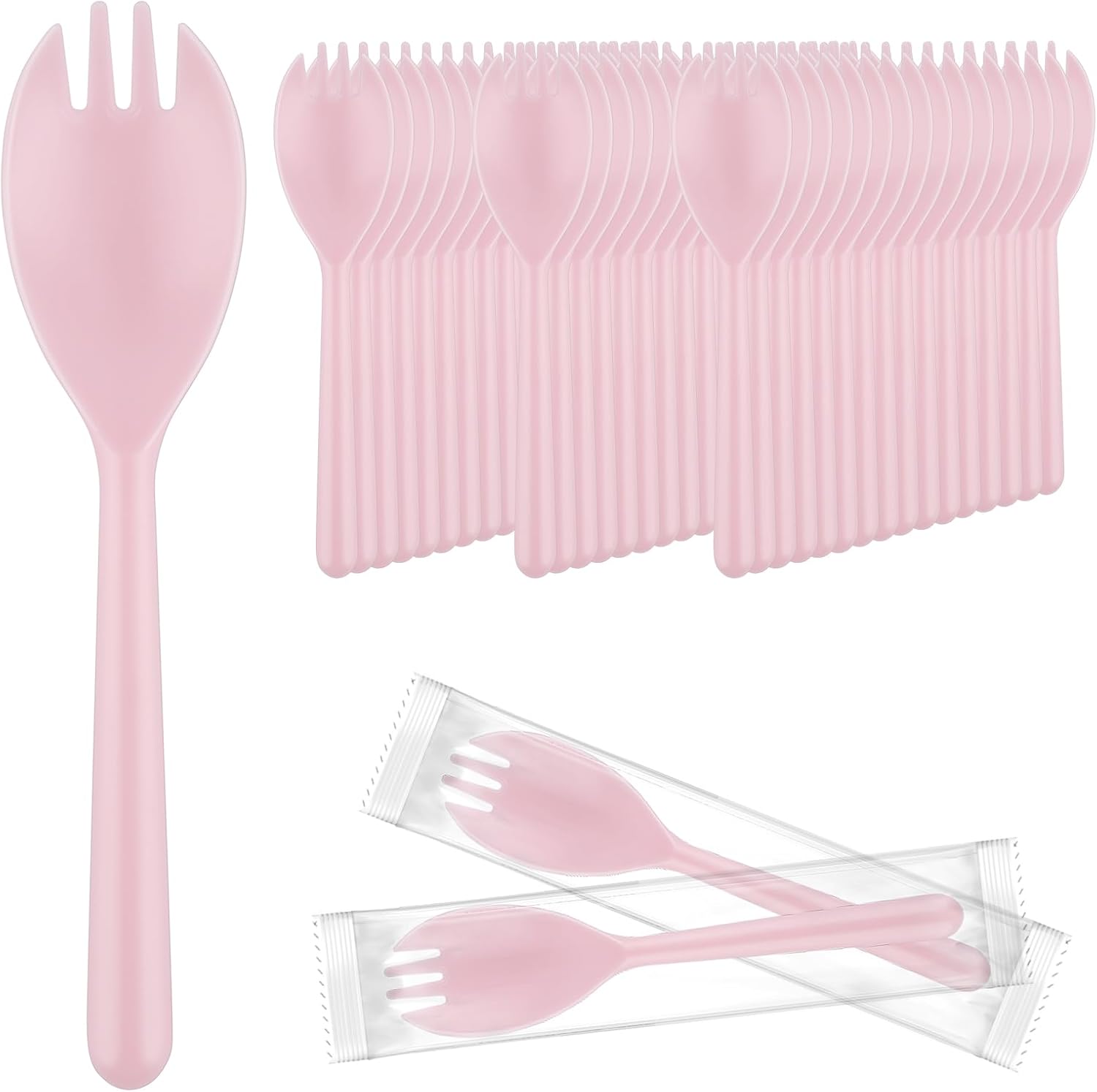 EUSOAR Disposable Sporks Bulk, 50pcs 5.5"x1.2" Plastic Sporks, Heavy Duty Disposable Mini Utensils Silverware Set Individually Wrapped Fork Spoon for Party Wedding Birthday Gathering-Pink